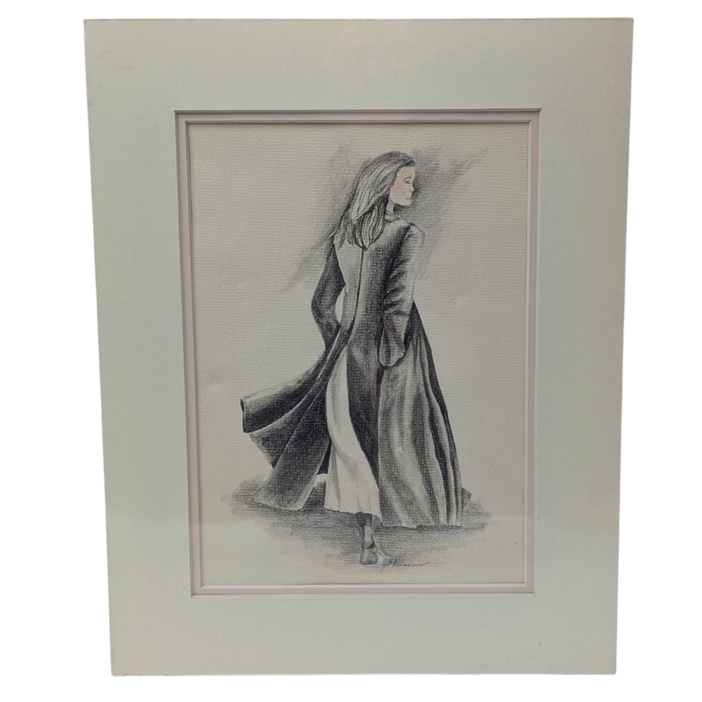 Pencil Drawing Artist Signed Woman Trenchcoat Matted 10" x 7" Home Wall Decor
